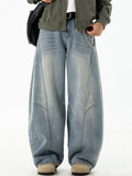 Men Vintage Baggy Curved Leg Loose Fit Washed Denim Jeans