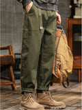 Men's Japanese Style Cotton Solid Color Pockets Straight Cargo Pants with Belt