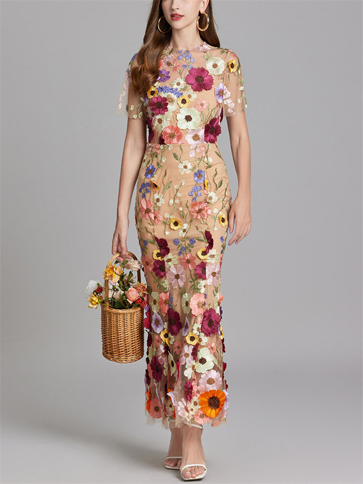 Elegant 3D Floral Embroidery Women's Sabrina Neckline Maxi Dress
