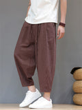 Mens Summer Striped Cotton Linen Loose Baggy Harem Pants