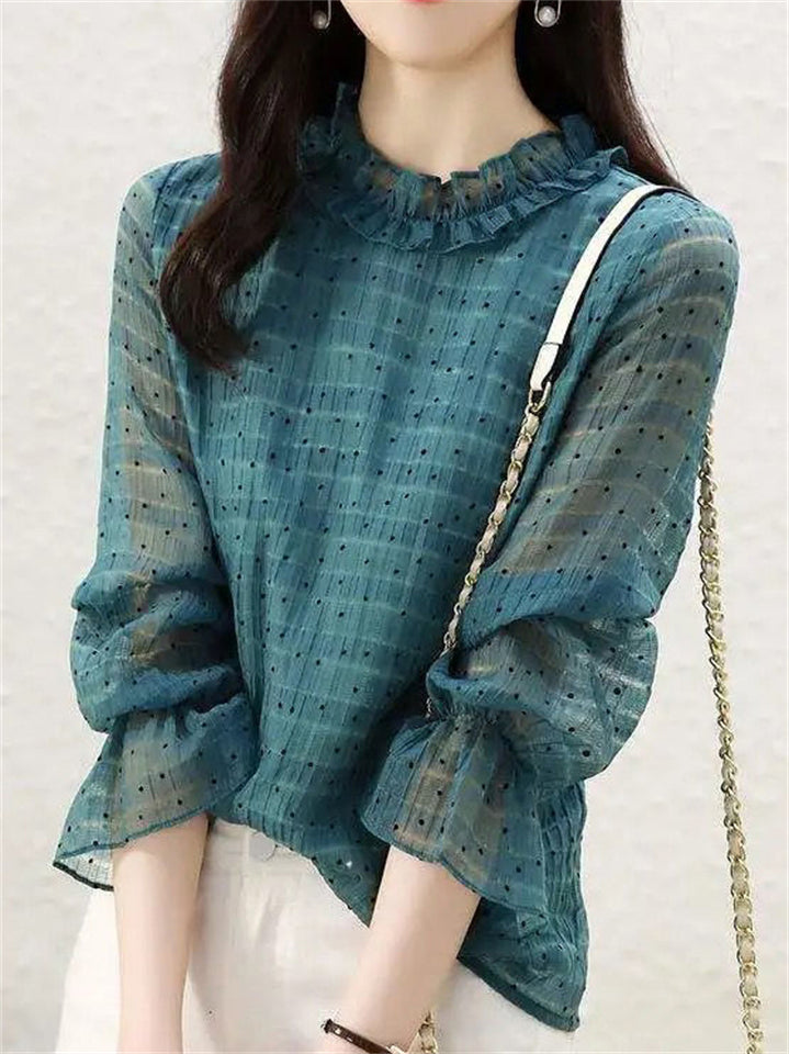 Women's O-Neck Lightweight Polka Dots Chiffon Shirt