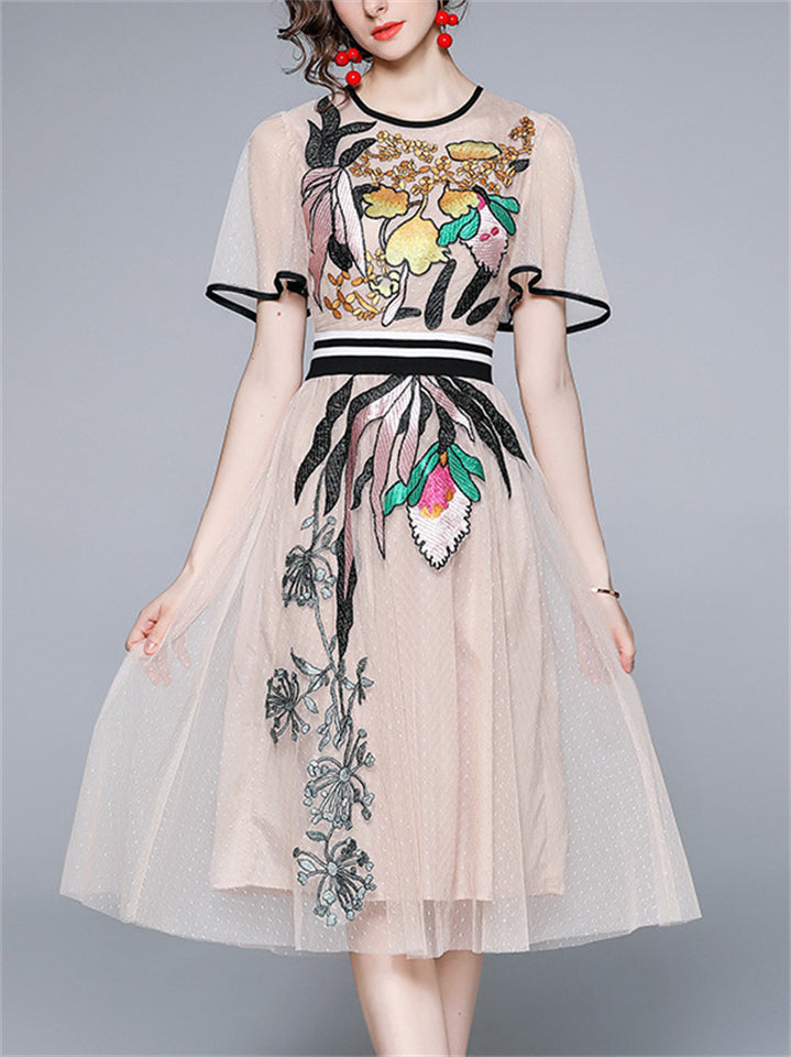 Women's Summer Mesh Print Round Neck Midi Dress