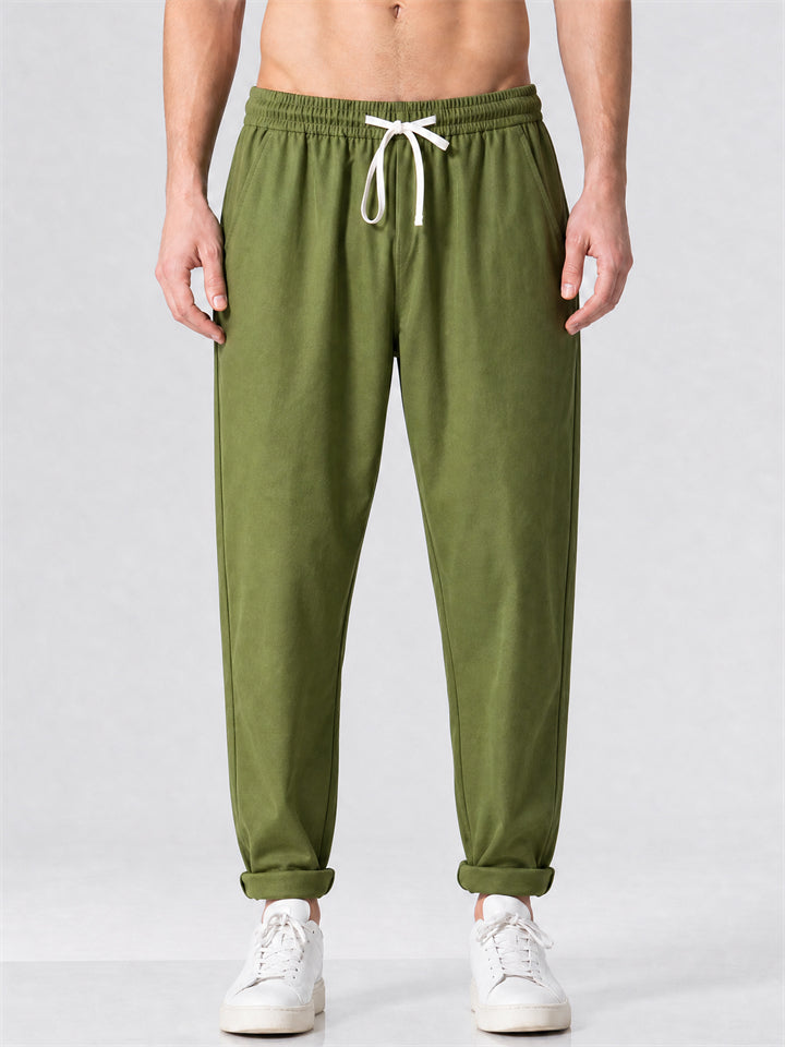 Men Cotton Linen Drawstring Elastic Waist Joggers Tapered Pants