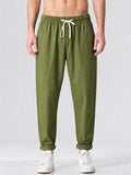 Men Cotton Linen Drawstring Elastic Waist Joggers Tapered Pants
