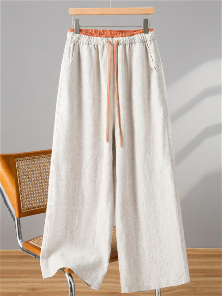 Women's Summer Contrast Color Cotton Linen Wide Leg Pants