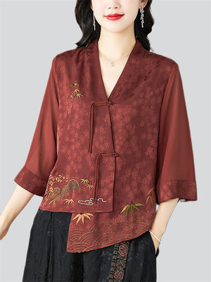 Women's Summer Ancient Style Embroidery Irregular Hem Shirt