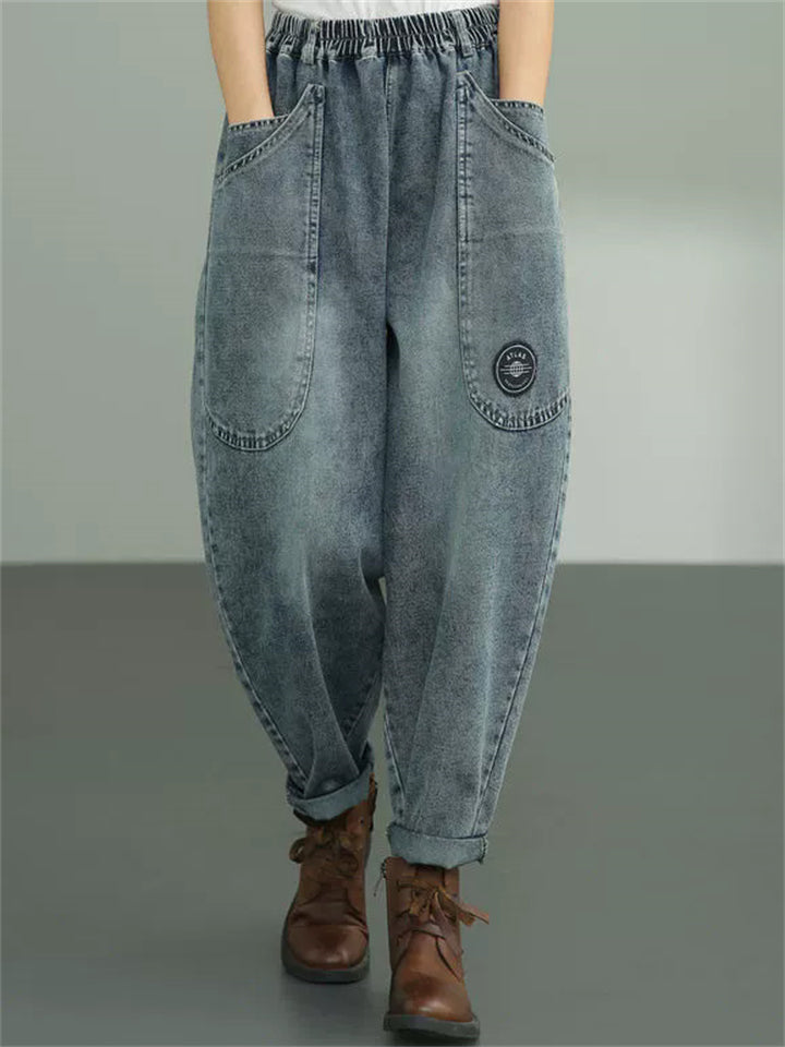 Women's Casual Solid Color Pockets Harem Denim Jeans
