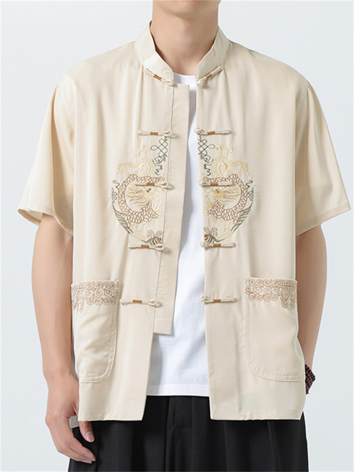 Men's Summer Cool Loong Embroidery Button Up TangSuit Shirt
