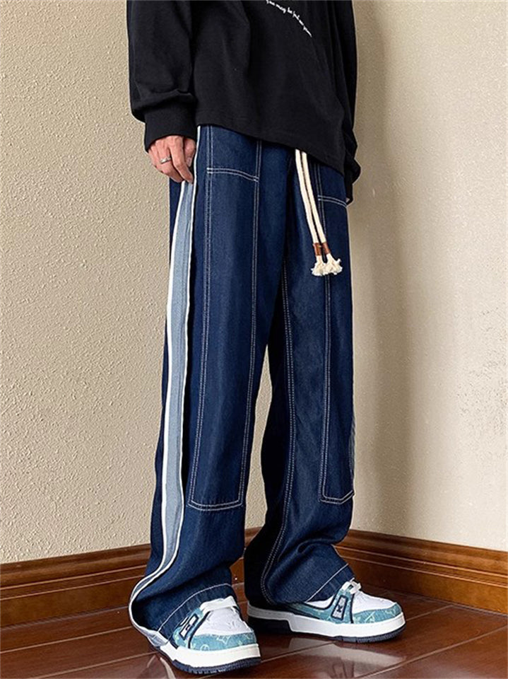 Men's Patchwork Elastic Waist Drawstring Wide-Leg Straight Jeans