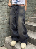 Mens Vintage Baggy Wide Leg Distressed Jeans with Pockets