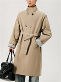 Men Double Breasted Trench Coat Long Belted Windbreaker Overcoat