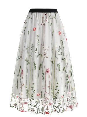 Retro Embroidery Mesh Elastic Waist Skirts for Women