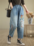 Loose Elastic Waist Flower Embroidery Cropped Jeans for Women