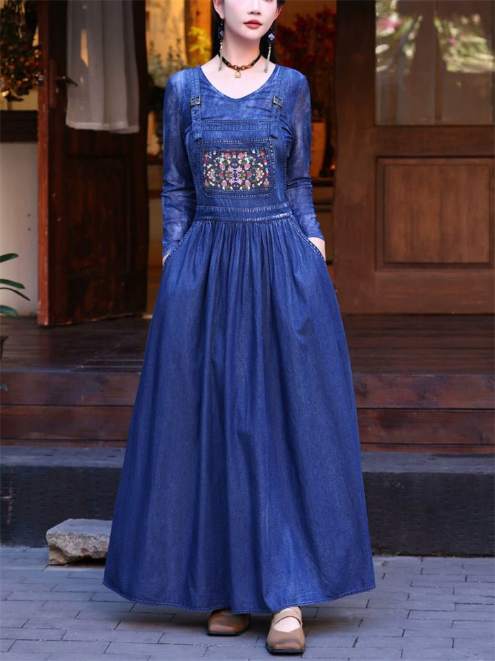 Women's Cotton Sleeveless Denim Jumpers Dress Pockets