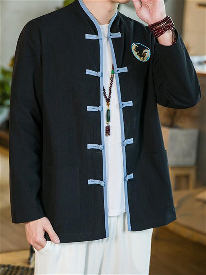 Men's Chinese Style Cotton Linen Contrast Color Tang Suit Jacket