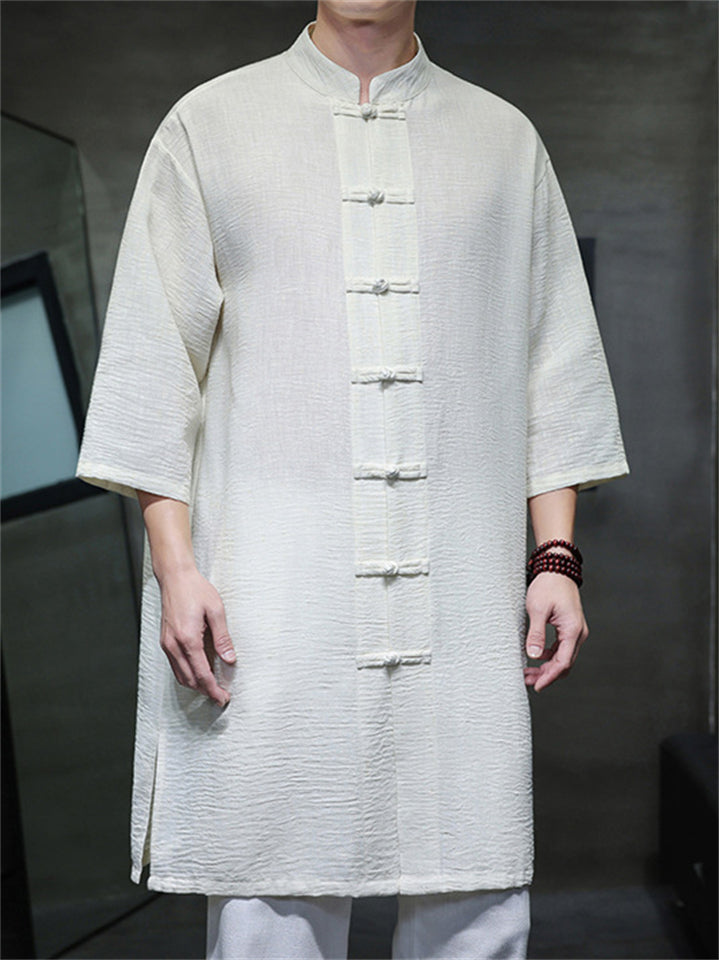 Men's Retro Solid Color Button Up 3/4 Sleeve TangSuit Long Shirt