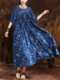 Vintage Print Round Neck Half Sleeve Pleated Swing Dress for Women