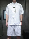 Men's 2Pcs Summer Bamboo Jacquard Stand Collar Short Sleeve Solid Color Outfits