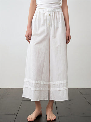 Female Simple White Cotton Wide-Leg Cropped Pants