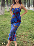 Retro Blue Women's Sleeveless Backless Slip Midi Dress