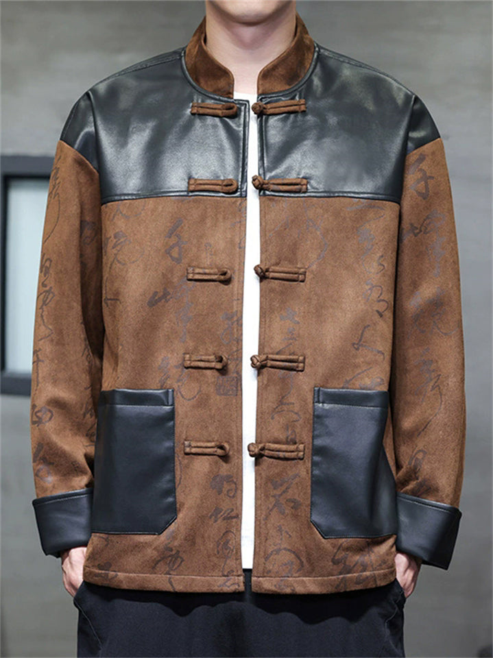 Men's Chinese Style PU Leather Suede Patchwork Tangsuit Jacket with Calligraphy Print