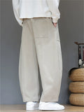 Men's Japanese Style Simple Pleated Drawstring Wide Leg Pants with Pockets