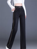 Women's High Waist Stripped Regular Fit Straight Leg Stretchy Jeans