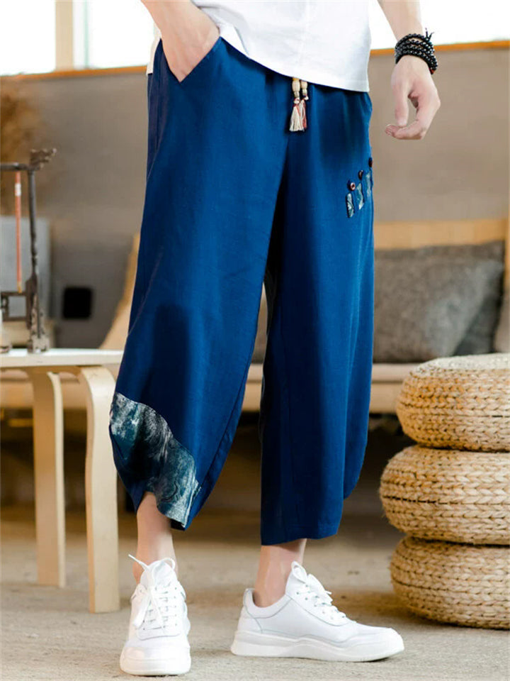 Men's Japanese Style Patchwork Drawstring Cotton Linen Wide Leg Capri Pants