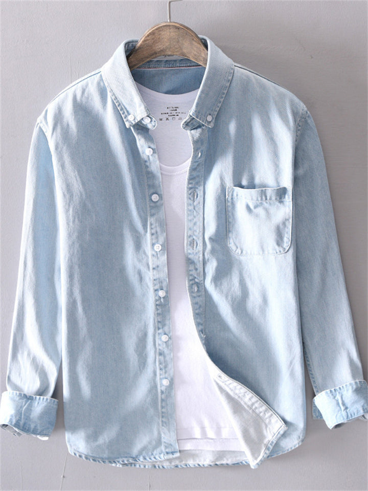 Japanese Style Casual Men's Cotton Lapel Denim Shirts