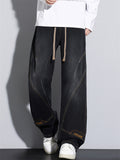 Men Wide Leg Drawstring Baggy Jeans Vintage Washed Streetwear Denim
