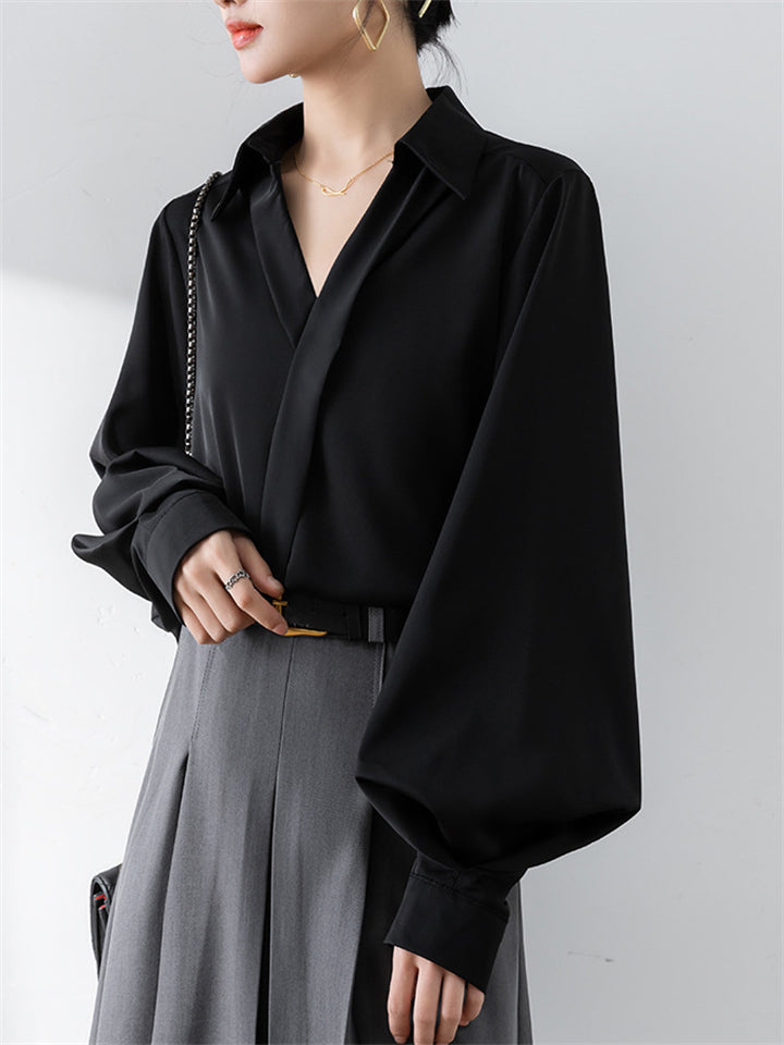 Women's Elegant Puff Long Sleeve V-Neck Shirts