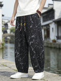 Mens Chinese Style Printed Drawstring Baggy Summer Pants