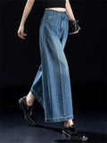 Women High Waist Seam Detail Wide Leg Jeans Baggy Denim