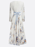 Women's Elegant White V-Neck Print Holiday Style Pleated Dress