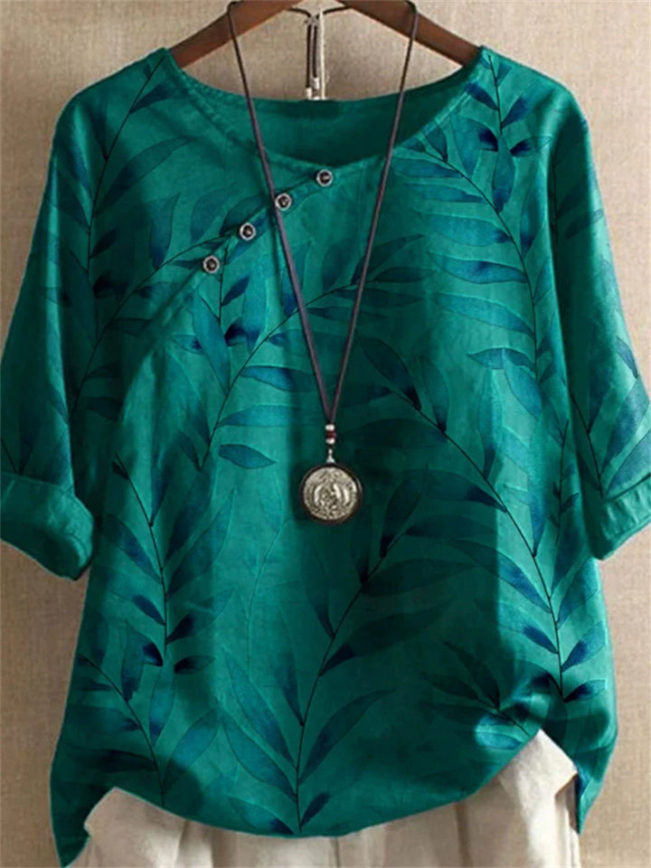 Women's Retro Chinese Style Leaves Printed Round Neck Shirts