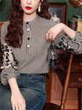 Women's O-Neck Black White Stripe Patchwork Long Sleeve Shirt