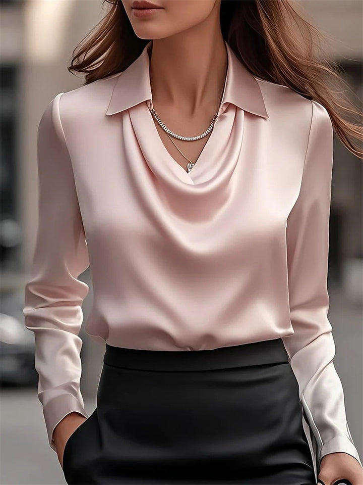 Women's Elegant Lapel Collar Long Sleeve Satin Blouses