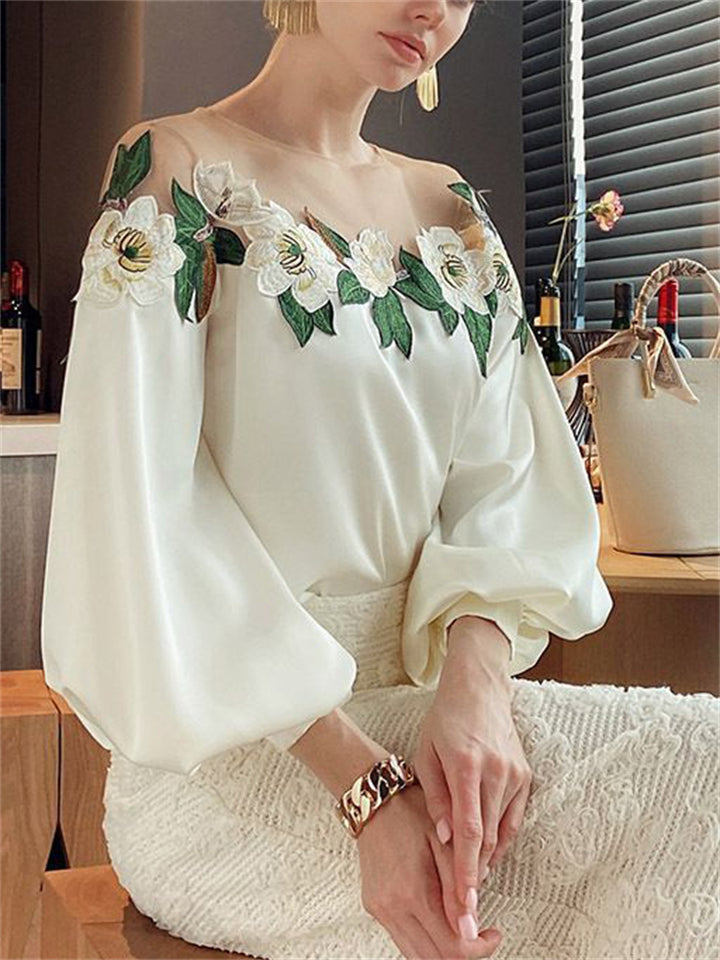 Women's Mesh Patchwork Flowers Embroidered Shirts