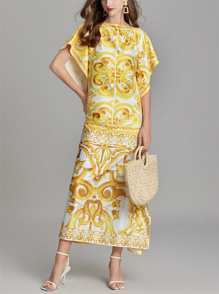 Women's Stylish Batwing Sleeve Gold Color Holiday Dress