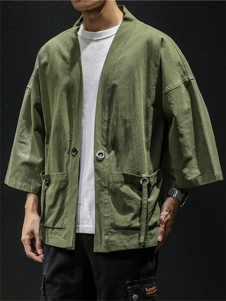 Men Japanese Style Linen Blend Open Front Cardigan Jacket