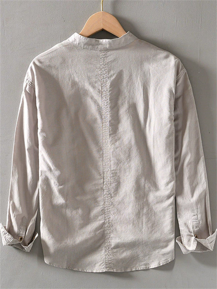 Men's Solid Color Cotton Linen Stand Collar Pullover Long Sleeve Shirts
