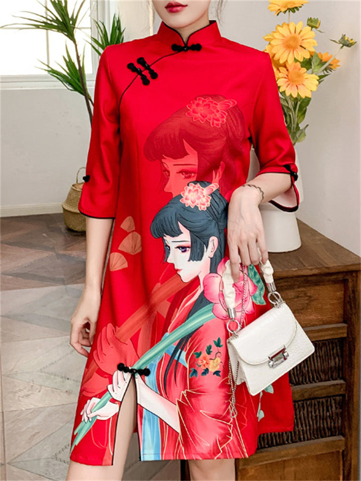 Lotus Temperament Girl Print Women's Dress