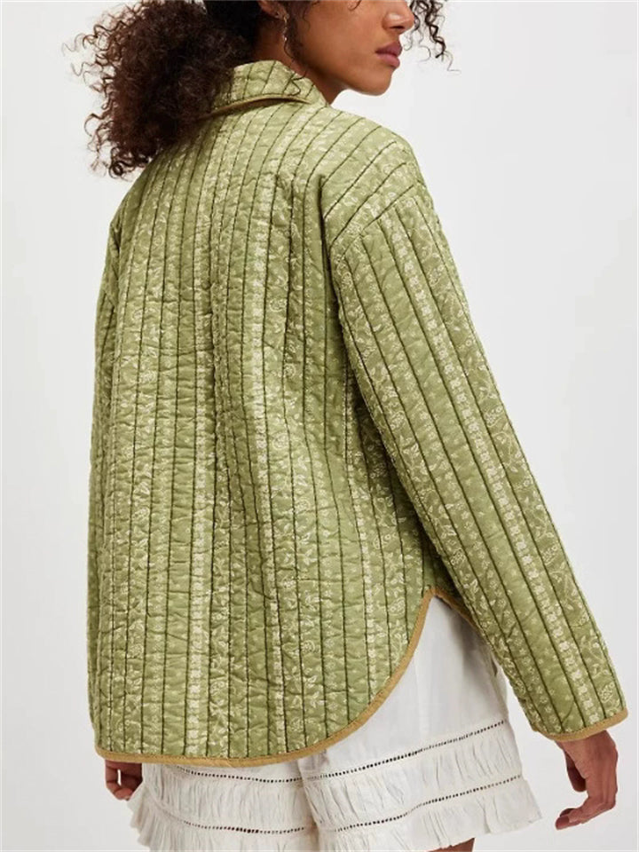 Women's Autumn Print Conast Color Quilted Lapel Long Sleeve Cardigan Coats