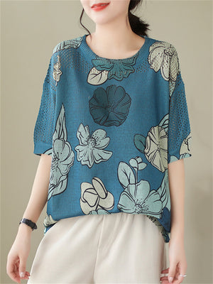 Casual Blue Lotus Print Cozy Linen T-shirts for Women