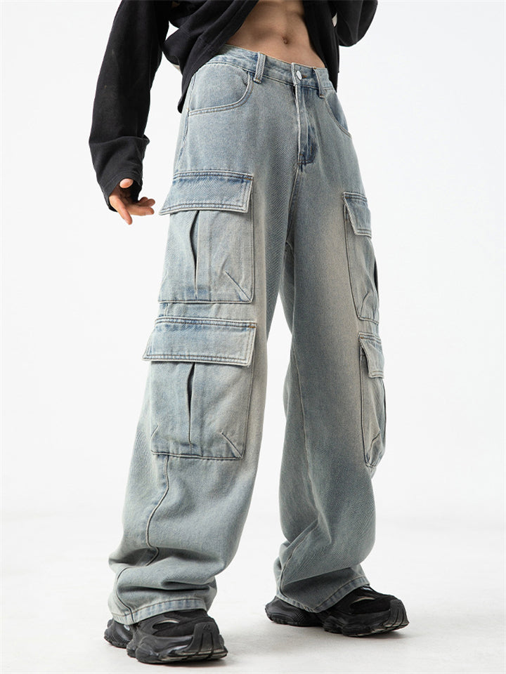 Men's Punk Style Multi-Pocket Straight-Leg Street Jeans