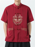 Men's Vintage Chinese Loong Print Frog Button Short Sleeve Tang Suit Shirts