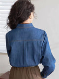 Dark Blue Vintage Autumn Temperament Denim Shirt for Women