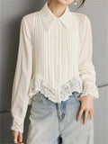 Women's White Chiffon Long Sleeve Lace Trim Shirt