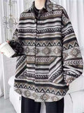 Retro Loose Stripe Long Sleeve Woolen Pockets Jacket for Men