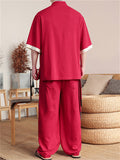 Ethnic Style Slant Opening Plate Buttons Linen Tops and Wide Leg Pants Set for Men